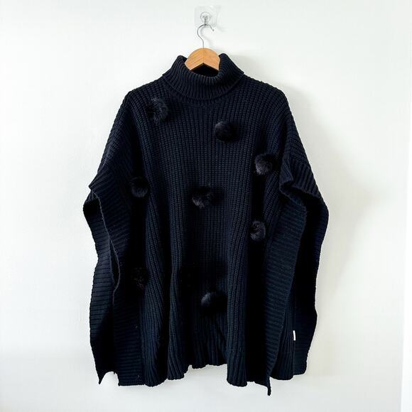 Kate Spade Cashmere Blend Faux Fur Pom Poms Front Turtleneck Poncho Black OS - Picture 3 of 9